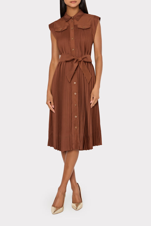 Johanna Pleated Twill Midi Dress Brown Image 3 of 5