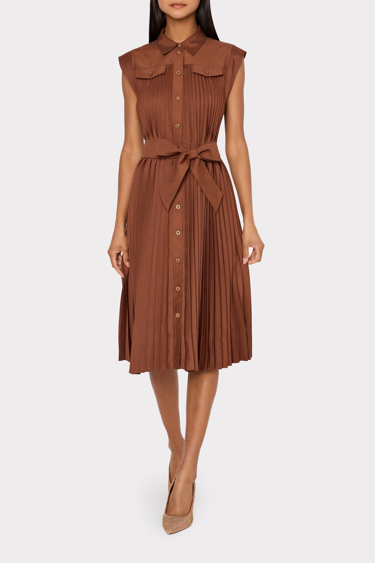 Johanna Pleated Twill Midi Dress in Brown | MILLY Johanna Pleated Twill Midi Dress in Brown | MILLY