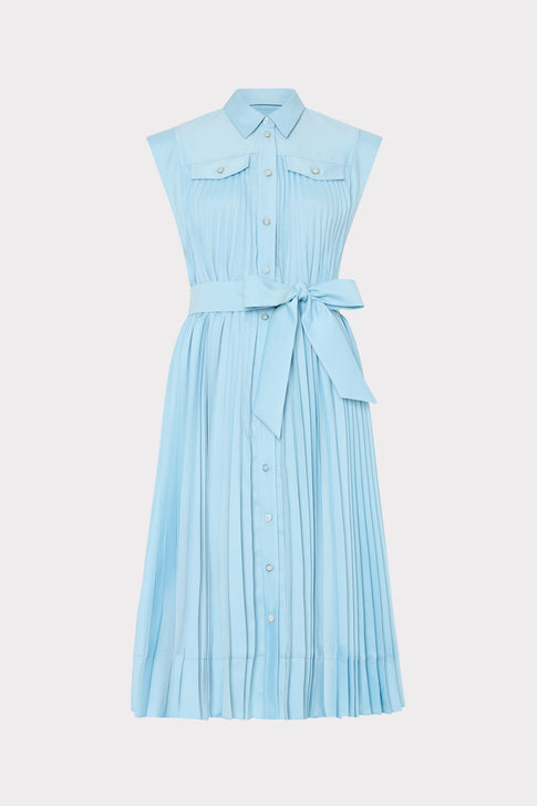 Light blue pleated dress with a belt on a white background