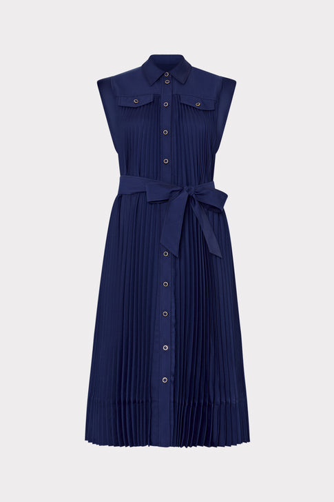 Johanna Pleated Twill Midi Dress Navy Image 1 of 5