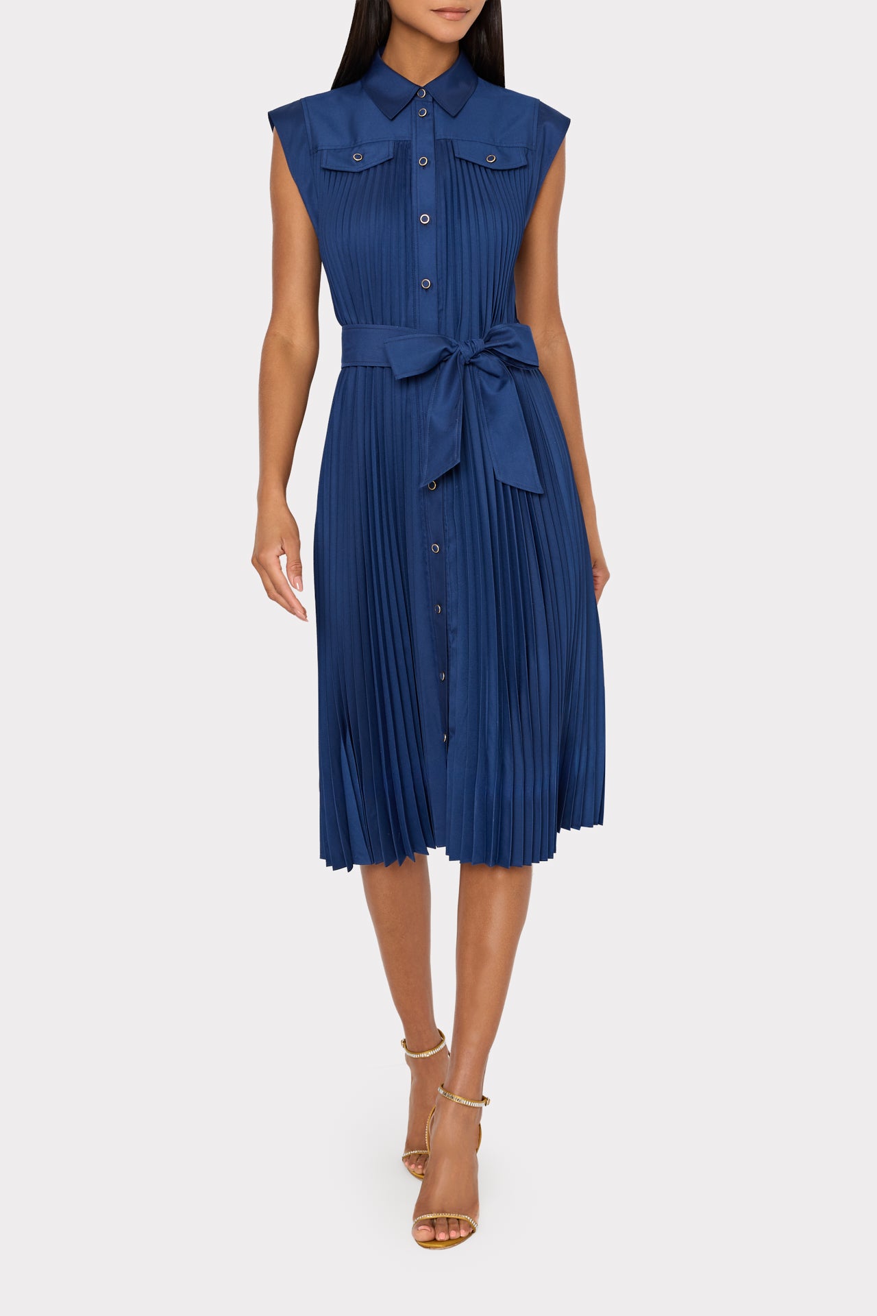 blue pleated dress Milly Women's Johanna Pleated Twill Midi-Dress - Navy