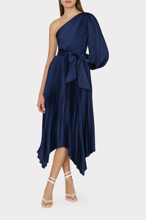 Essi Satin Pleated One Shoulder Dress Navy Image 2 of 4