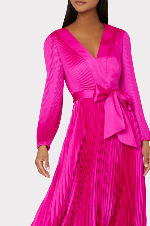 Liora Satin Pleated Dress Fuchsia Image 3 of 4