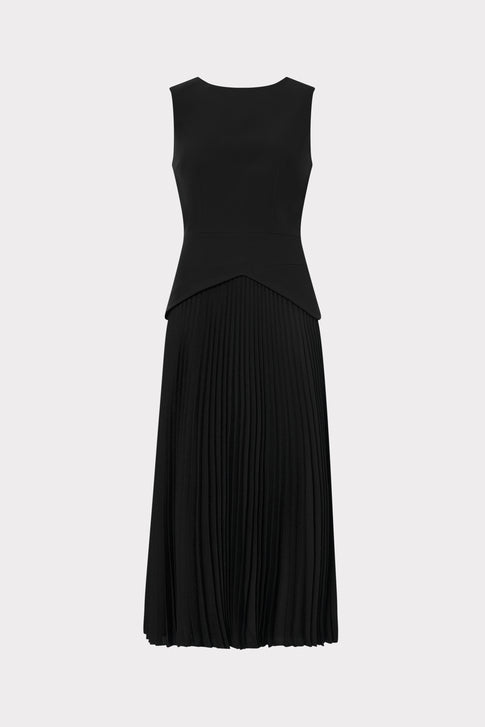 Black sleeveless dress with pleated midi skirt - Front View | MILLY