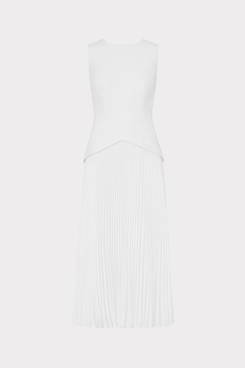 Ecru Cady Haddy Pleated Midi Dress - Front Flat Lay Designer Style | MILLY