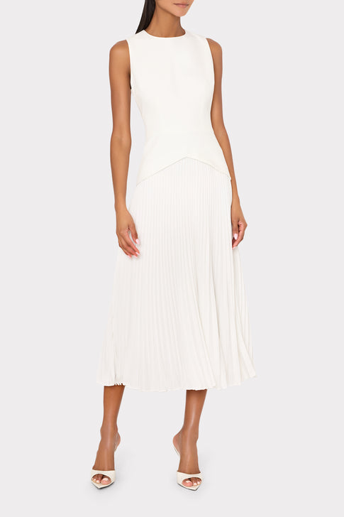 Ecru sleeveless Haddy pleated midi dress on model - Full Length Front View | MILLY