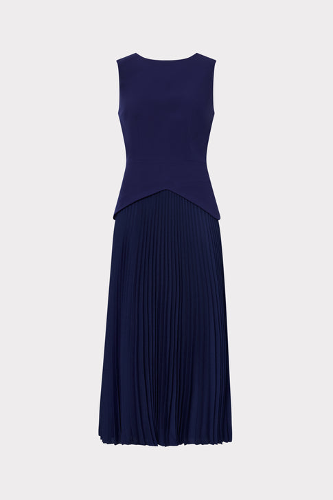 Navy Haddy Pleated Midi Dress - Front View | MILLY