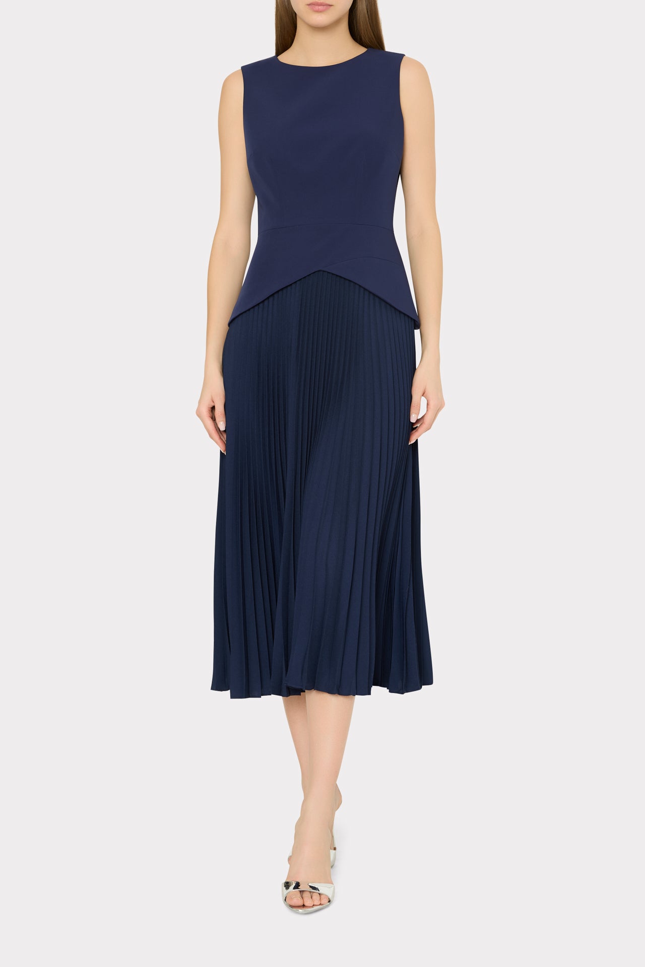 Haddy Pleated Midi Dress in Navy | MILLY Haddy Pleated Midi Dress in Navy | MILLY