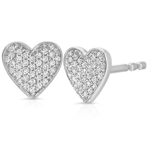 14K White Gold Pavé Diamond Heart Stud Earrings - Product View | MILLY