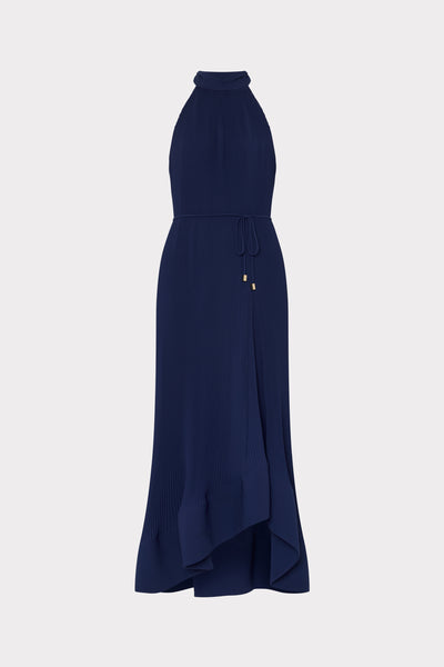 blue floral halter dress Lucena Navy Cowl-Neck Wrap Maxi Dress With Floral Drape – Club L London main image 1