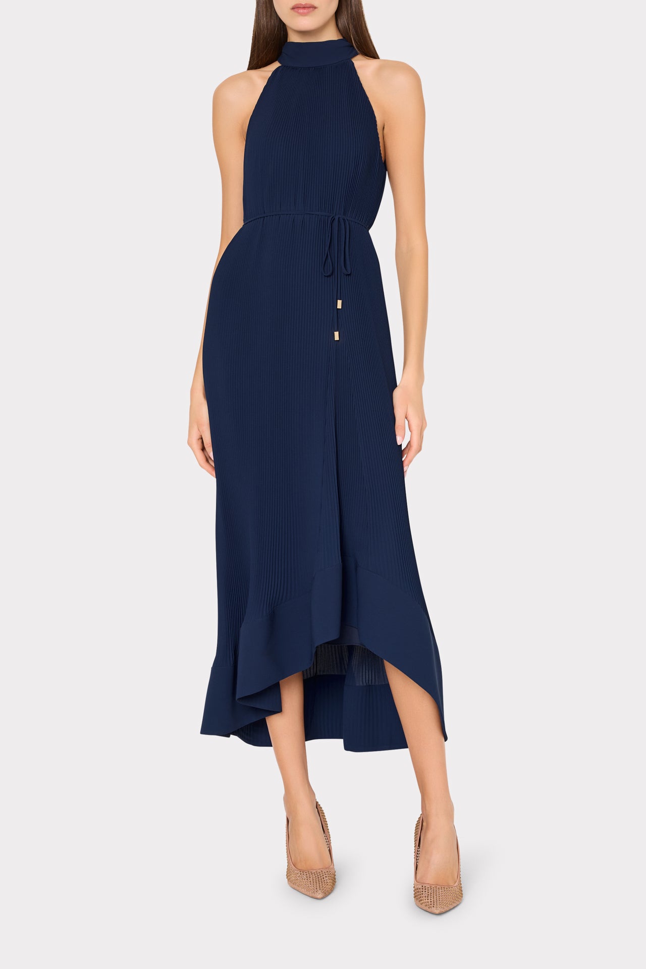 satin blue halter dress Navy Blue Halter V Neck A Line Party Dress with High Slit Floor Length Prom  Dress ARD2545 main image 1