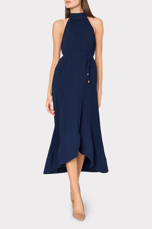 Nalani Pleated Midi Dress in Navy