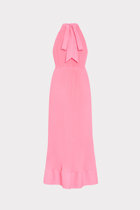 Pink Halter Neck Dress with Designer Bow Detail - Flat Lay Back View | MILLY