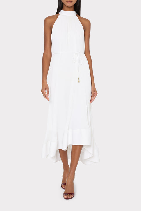 White Pleated Halter Midi Dress - On Model Full Length | MILLY