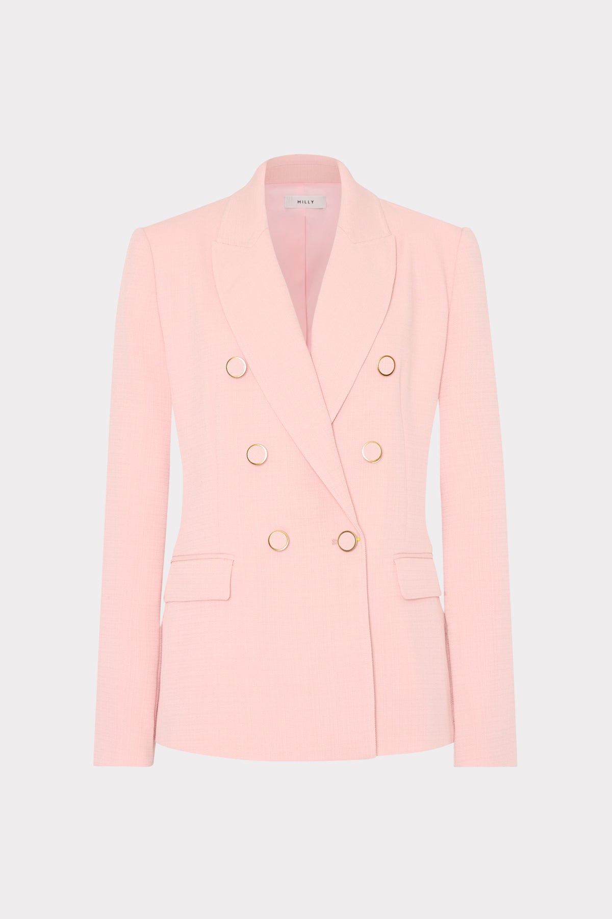 Blush MILLY Orly Double-Breasted Blazer with Gold Buttons - Front View | MILLY