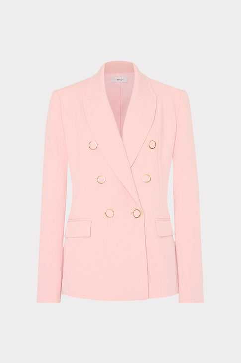 Pink blazer with gold buttons on a light gray background
