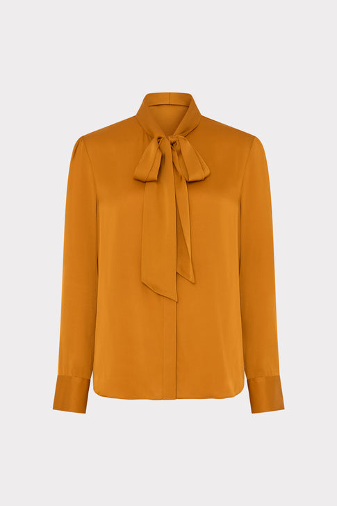 Mustard Silk Tie Neck Blouse - Front View, Elegant Long Sleeve | MILLY