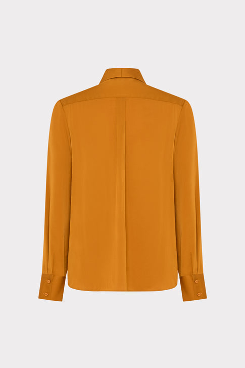 Mustard Silk Tie Neck Blouse - Back View with Button Cuff Detail | MILLY
