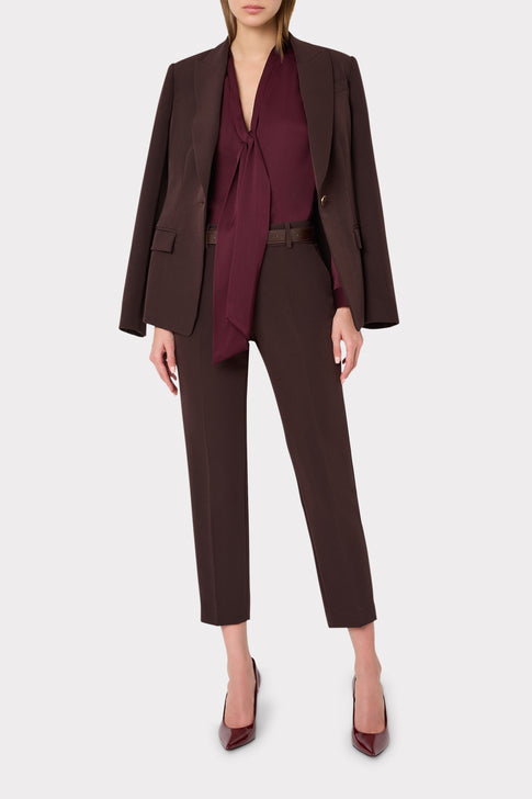 Burgundy Silk Tie Neck Blouse - On Model Styled Look with Blazer and Trousers | MILLY