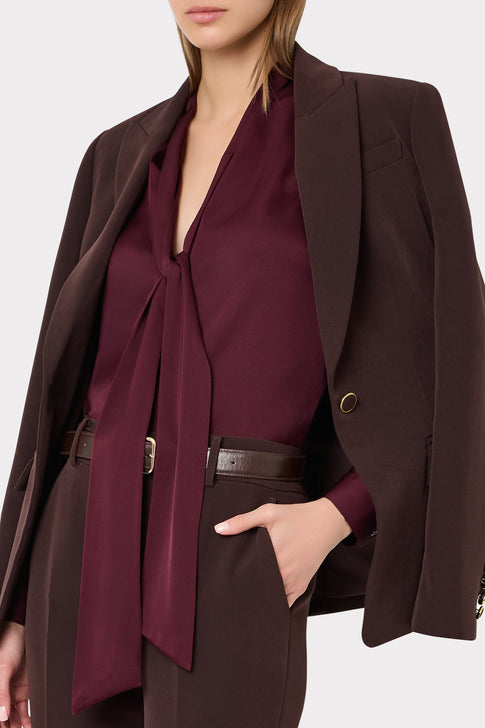Burgundy Silk Tie Neck Blouse - Upper Body Detail, Luxury Silk Tie Neck Top | MILLY
