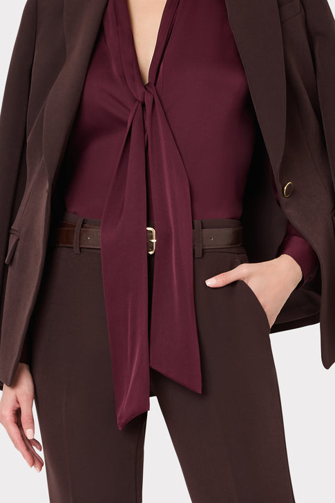 Burgundy Silk Tie Neck Blouse - Close-Up Tie Neckline Detail, Elegant Drape | MILLY