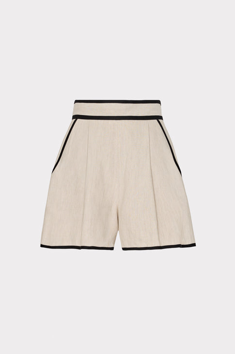 Natural Linen Designer Shorts with Black Piping - Front View | MILLY