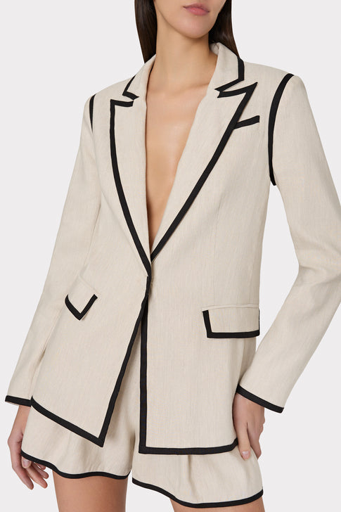 Natural Linen Blazer with Black Trim - Close-Up Detail View | MILLY