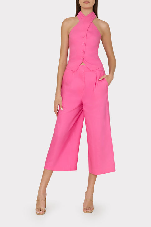 Cropped Solid Linen Pants Pink Image 2 of 4