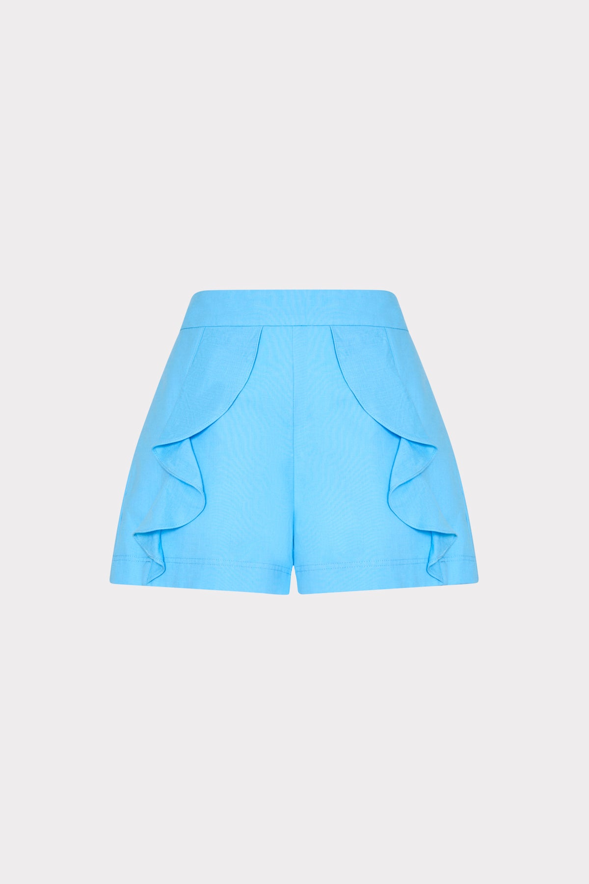 Light blue linen ruffle shorts with elegant cascading details - Front View | MILLY