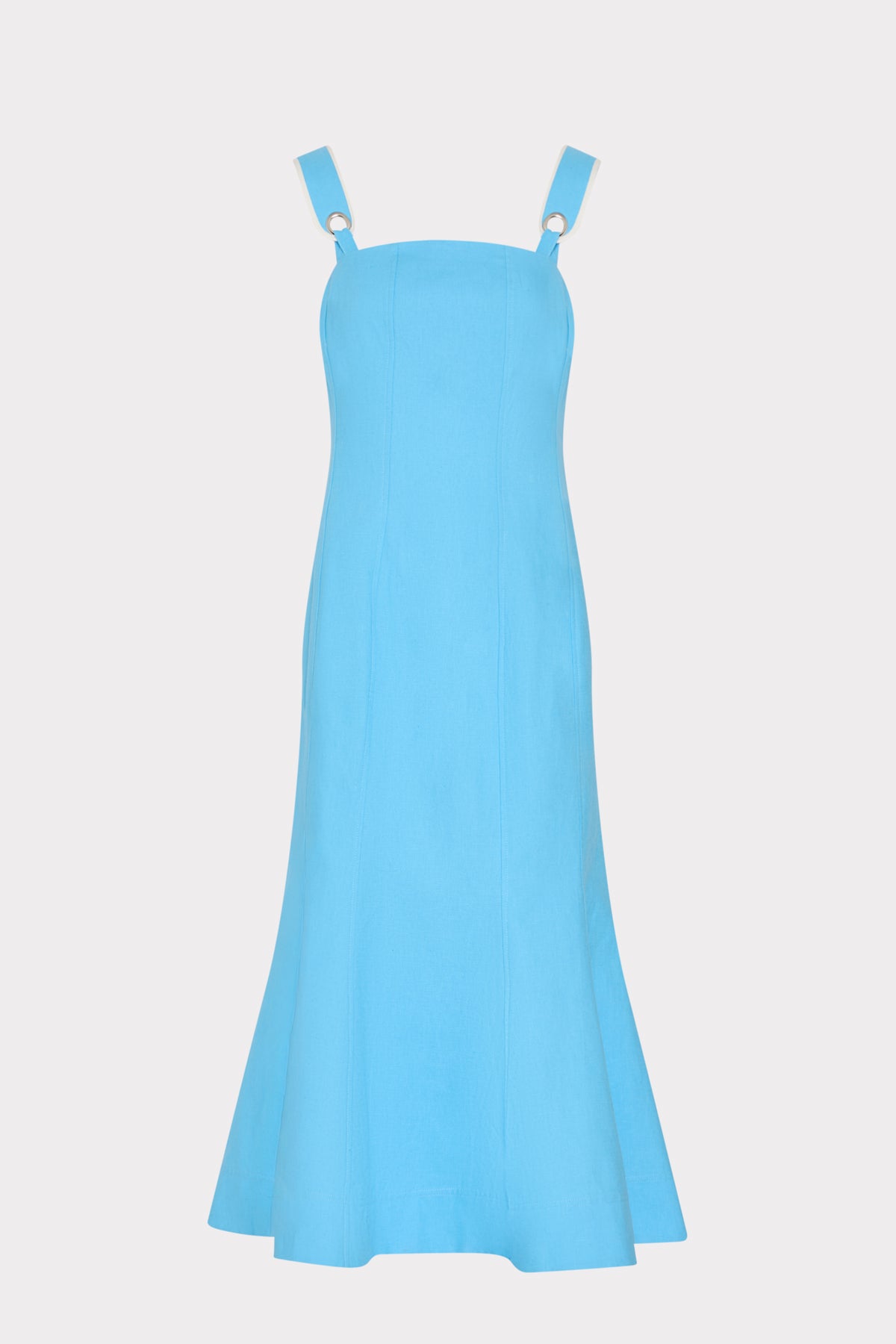 Blue Sculpted Midi Dress with Ring-Detail Straps - Front Flat View | MILLY