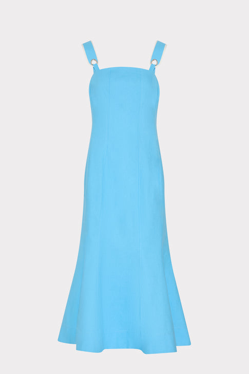 Blue Sculpted Midi Dress with Ring-Detail Straps - Front Flat View | MILLY