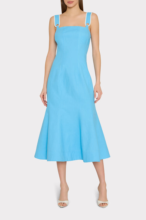 Blue Louie Elegant Midi Dress with Flared Skirt - On Model Front View | MILLY