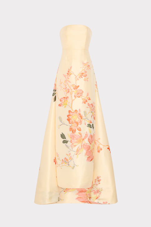 Yellow Floral Printed Taffeta Strapless Gown - Front View | MILLY