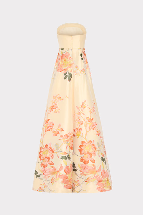 Dorothy Printed Taffeta Gown in Yellow - Back View with Train Detail | MILLY