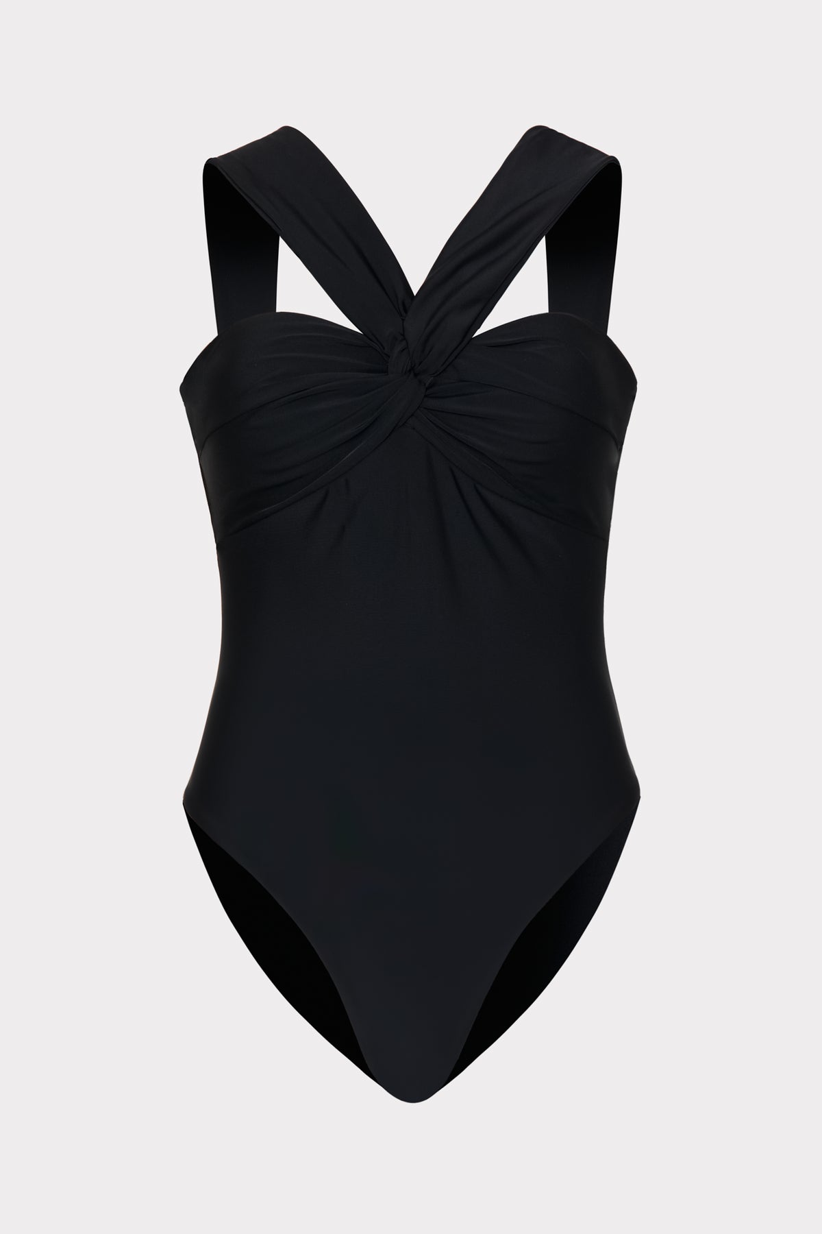 Black MILLY Betsy Draped Bandeau One Piece with elegant twist detail - Front Flat Lay | MILLY