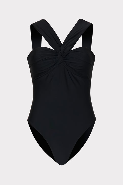 Black MILLY Betsy Draped Bandeau One Piece with elegant twist detail - Front Flat Lay | MILLY