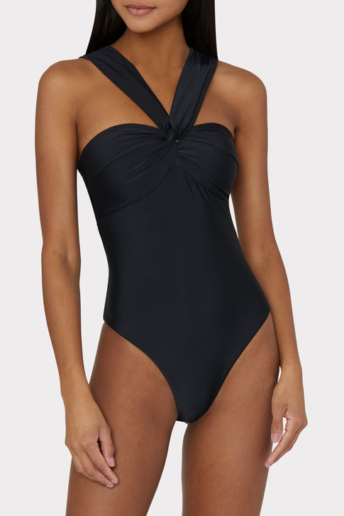Black bandeau swimsuit with twisted halter straps and medium coverage - On Model Front View | MILLY