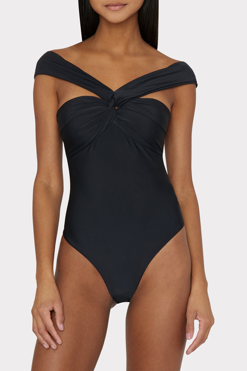 Black designer one piece swimsuit with off-shoulder draped straps - On Model Front View | MILLY