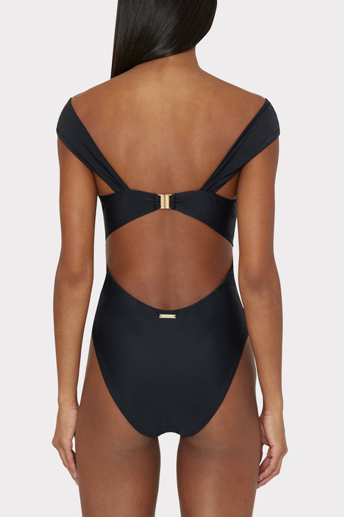 Black one piece with gold clasp back closure and open back design - On Model Back View | MILLY