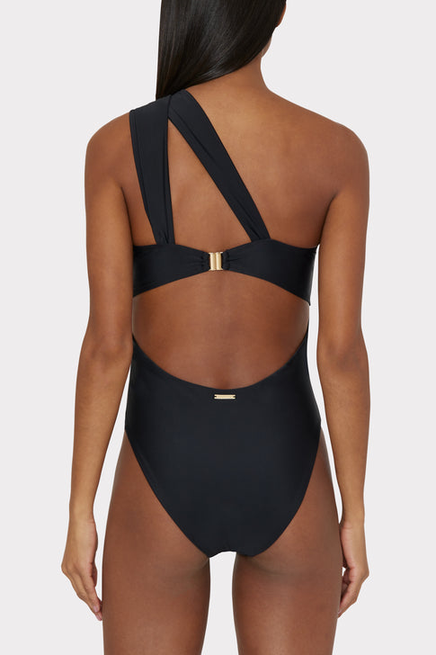 Designer black swimwear showing open back with gold hardware detail - Back Angle View | MILLY