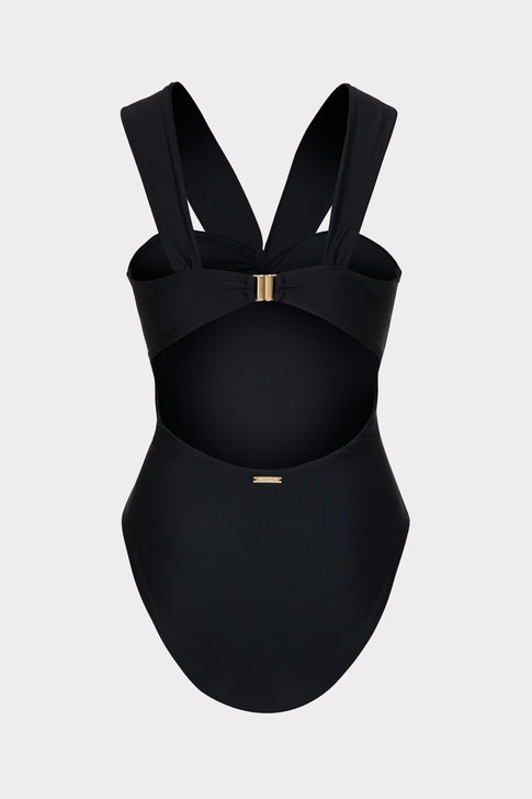 Black stretch swim fabric one piece with cutout midriff and gold clasp - Flat Lay Back View | MILLY