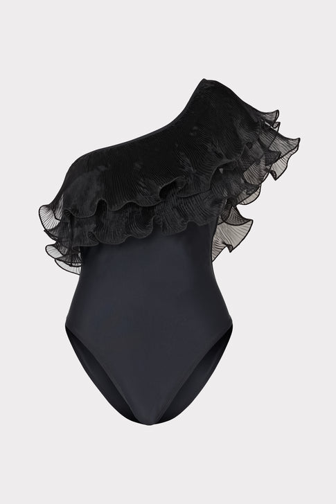 Pleated Organza One Shoulder One Piece Black Image 1 of 4