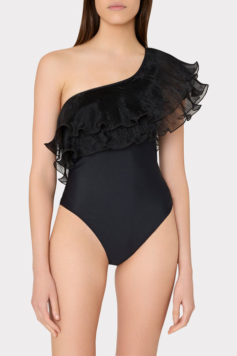Pleated Organza One Shoulder One Piece Black Image 2 of 4