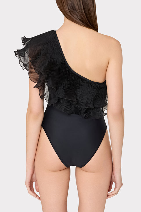 Pleated Organza One Shoulder One Piece Black Image 3 of 4