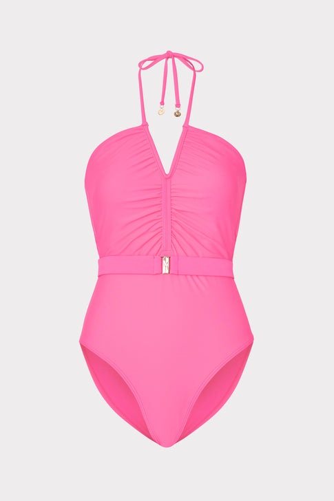 Ruched Halter One Piece Neon Pink Image 1 of 4
