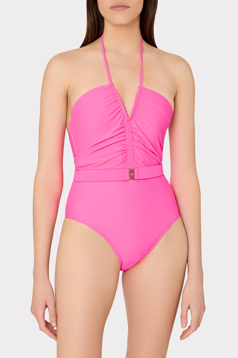 Ruched Halter One Piece Neon Pink Image 2 of 4
