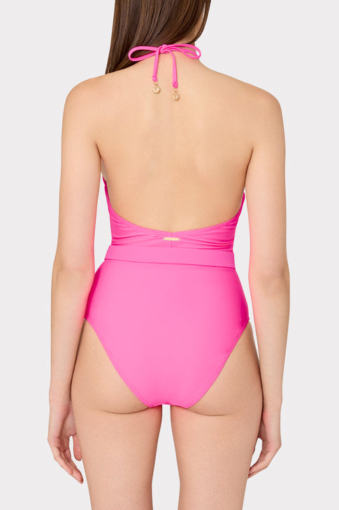 Ruched Halter One Piece Neon Pink Image 3 of 4
