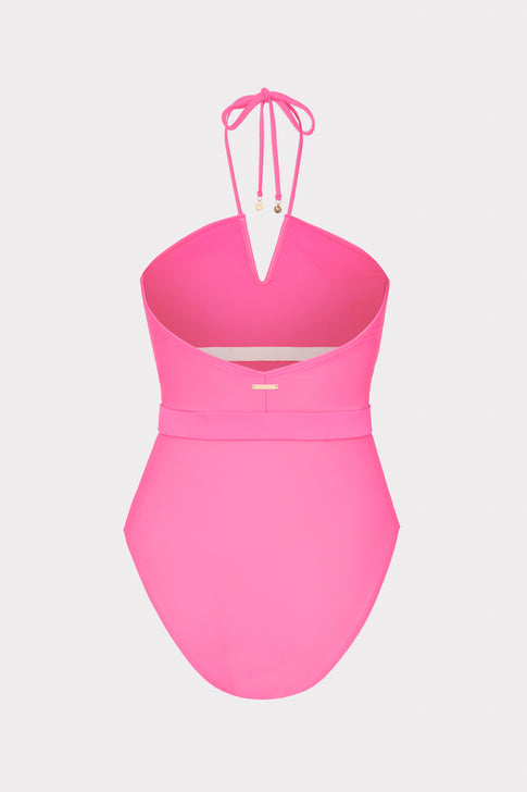 Ruched Halter One Piece Neon Pink Image 4 of 4