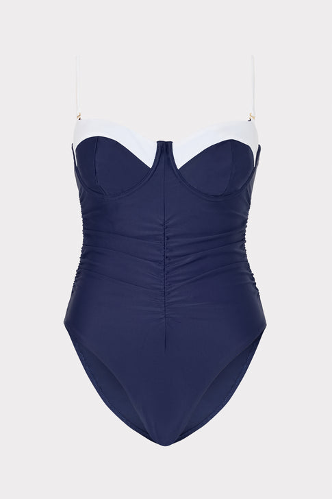 Color Block Ruched One Piece Navy/White Image 1 of 7
