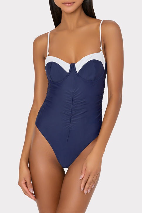 Color Block Ruched One Piece Navy/White Image 2 of 7